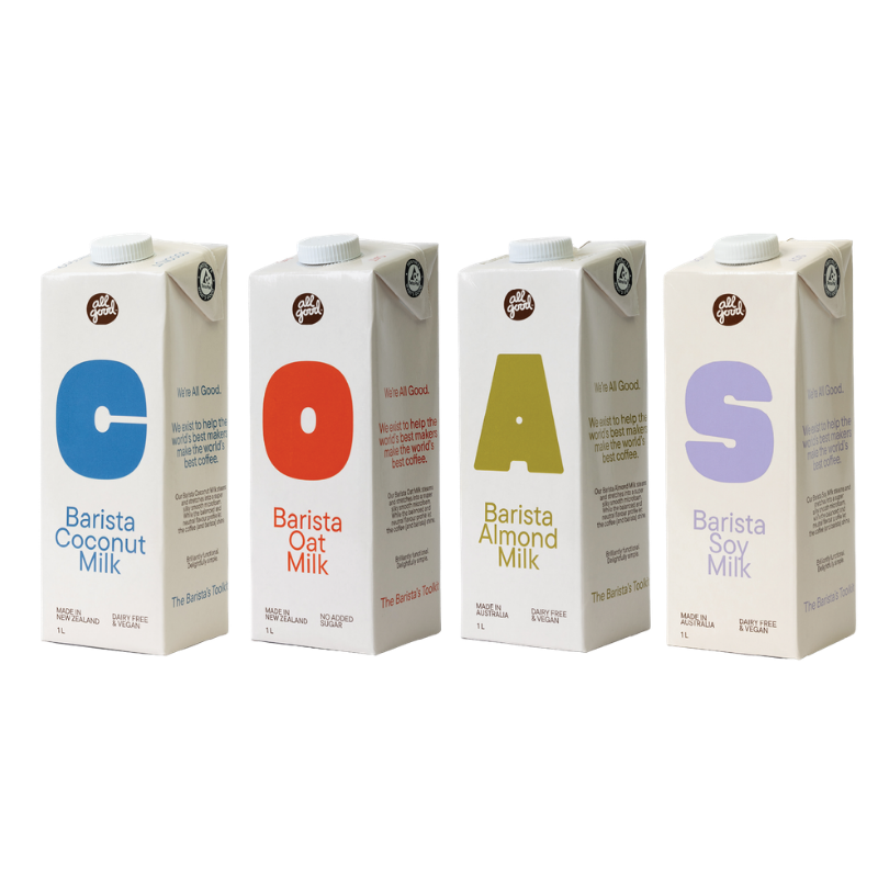 All Good coconut, oat, almond and soy milk cartons