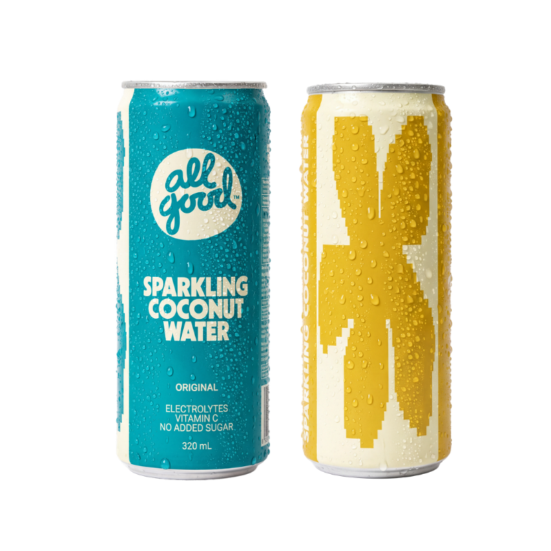 Two cans of All Good sparkling coconut water